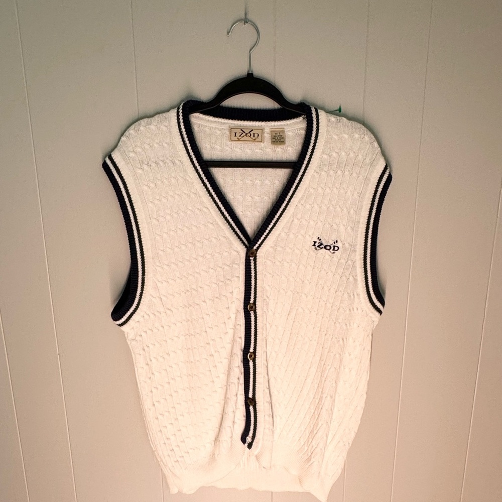 Vintage 90s Izod White Sweater Vest with Navy Trim